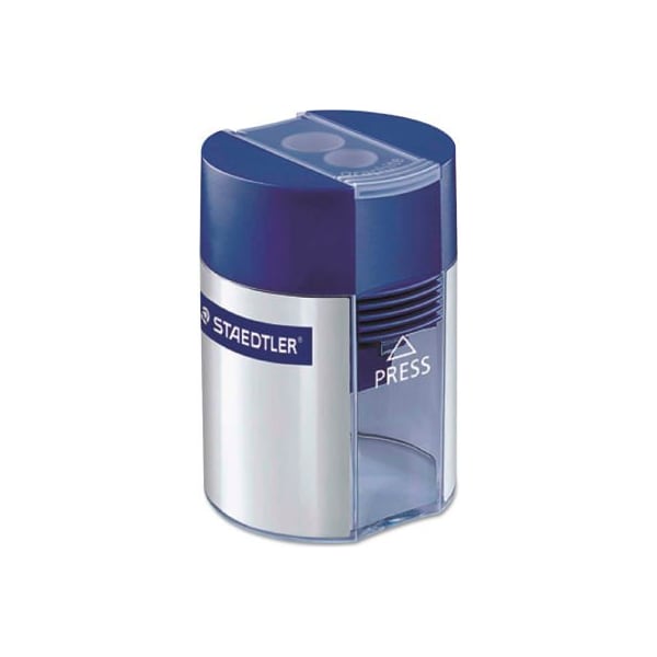 Staedtler C/O Sp Richards Staedtler Handheld Manual Double-Hole Plastic Sharpener, 1.57in x 1.65in x 2.2in, Blue/Slvr, 6/Bx 512001BK03 - main
